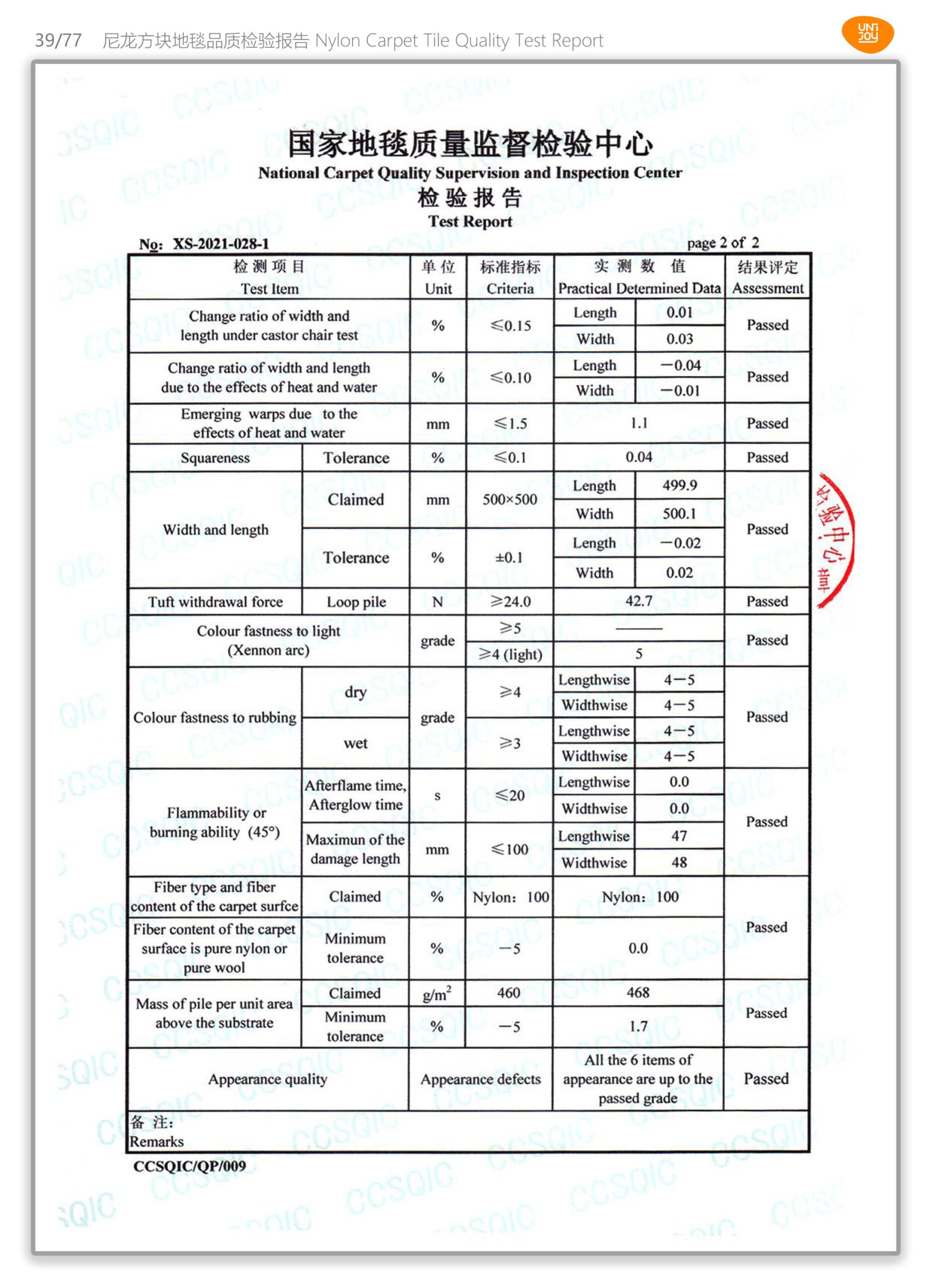 Nylon Carpet Tile Quality Test Report